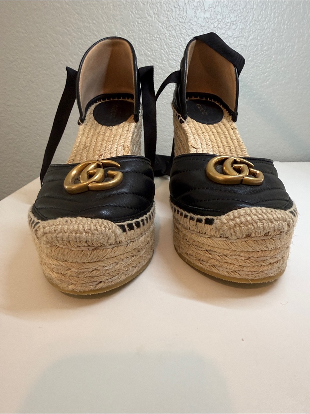 Gucci Black Leather GG Espadrille Wedges with Ribbon Ties - Picture 5 of 14